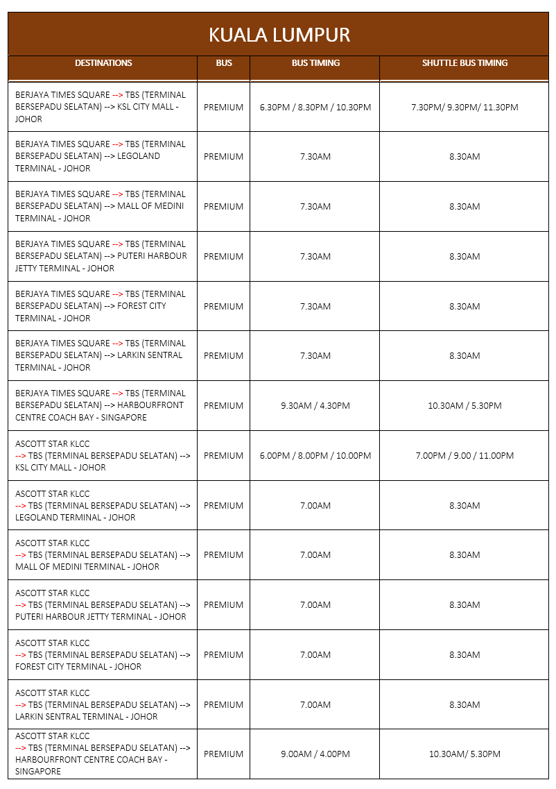 Causeway Link Express Premium Shuttle Bus Service Timetable - Kuala Lumpur