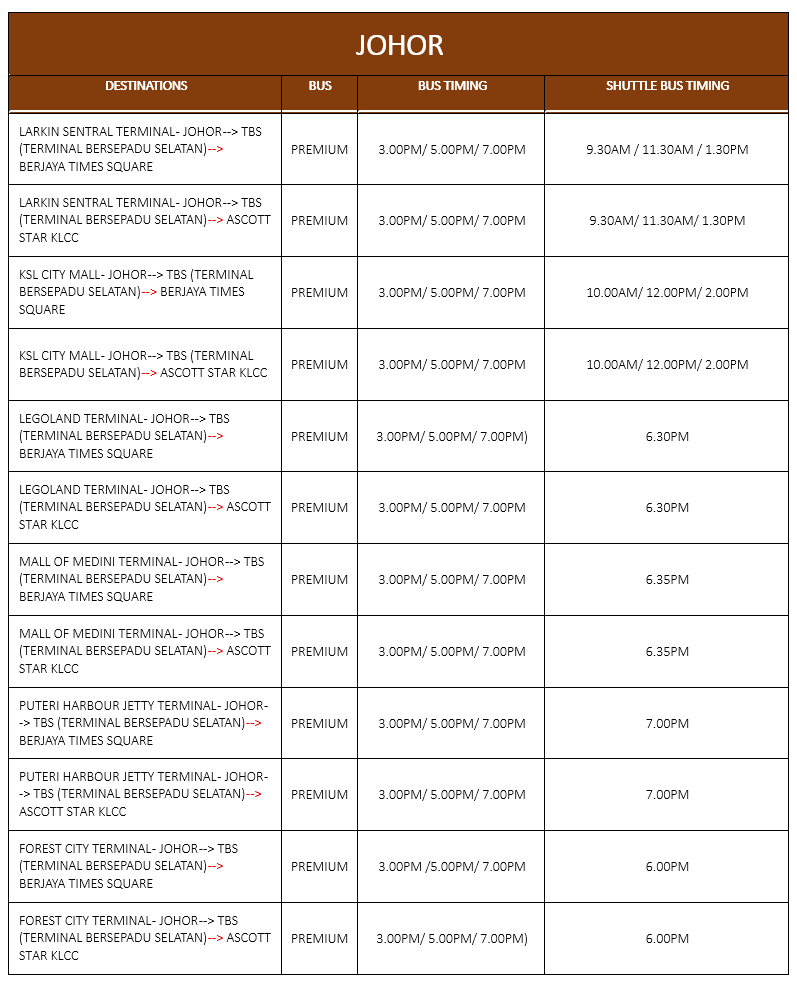 Causeway Link Express Premium Shuttle Bus Service Timetable - Johor
