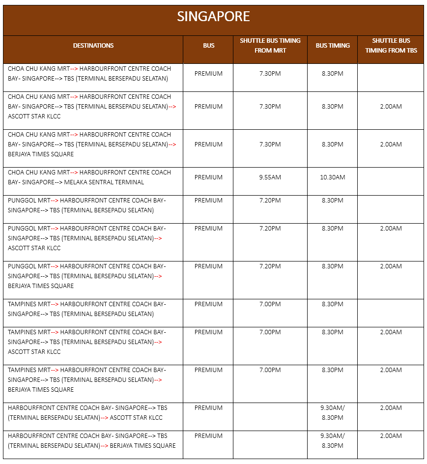 Causeway Link Express Premium Shuttle Bus Service Timetable - Singapore