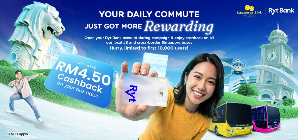 Causeway Link and Ryt Bank cashback campaign — earn up to RM4.50 cashback on bus rides, now extended to 31 December 2026.