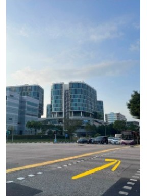 The main traffic junction with the Oxley BizHub blocks ahead: a yellow arrow runs along the pedestrian crossing.