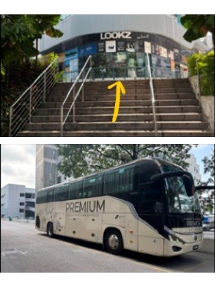 Top: a staircase climbing beside the LOOKZ building with a yellow arrow pointing up. Bottom: a cream Causeway Link Premium coach waiting at the kerb.