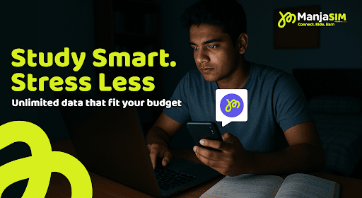 Study smart, stress less — a student working late with unlimited data that fits a student budget